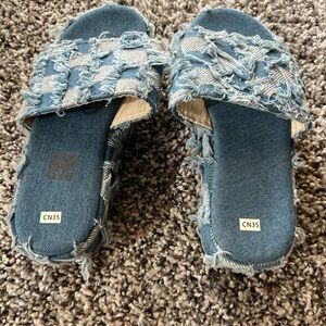 Frayed Denim Slide Sandals